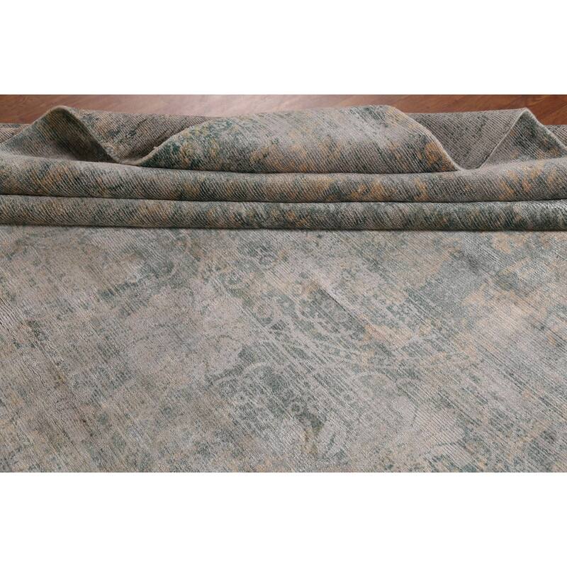 Green Abstract Indian Large Area Rug Hand-Knotted Wool Carpet - 9'9"x 14'1"