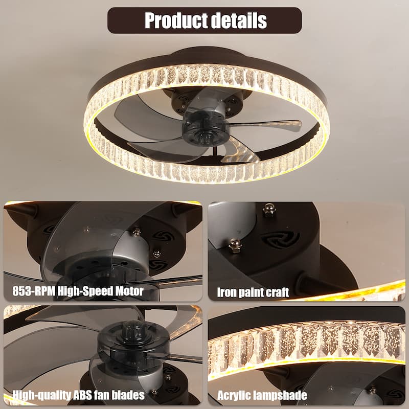 20" Brown Ceiling Fan with LED Light - Modern Flush Mount Fan Light for Bedroom, Living Room,Crystal Ring Design