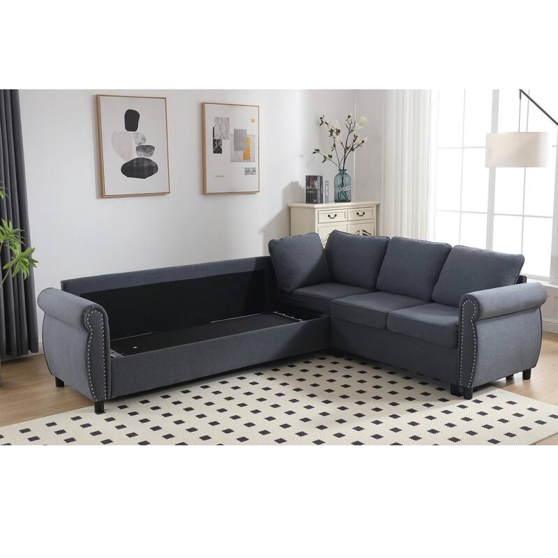 6 Seater L Shaped Dark Gray Polyester Pull Out Sleeper Sofa Bed, 104" x 81" x 33"