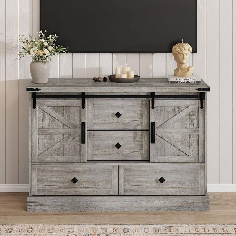 Farmhouse 4 Drawer Dresser for Bedroom 45" Wood Dressers with Sliding Barn Doors TV Stand
