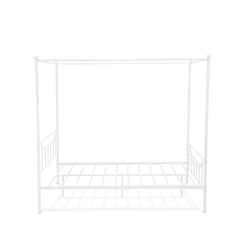 Queen Bed Frame Canopy Metal - White Powder Coated Bed with Headboard Footboard - Modern Bedroom Furniture