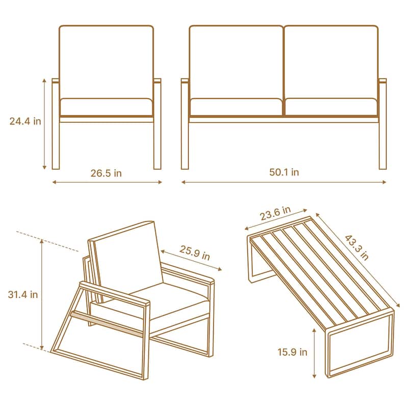 4-Piece Solid Wood Outdoor Patio Lounge Set with Removable Cushion Covers