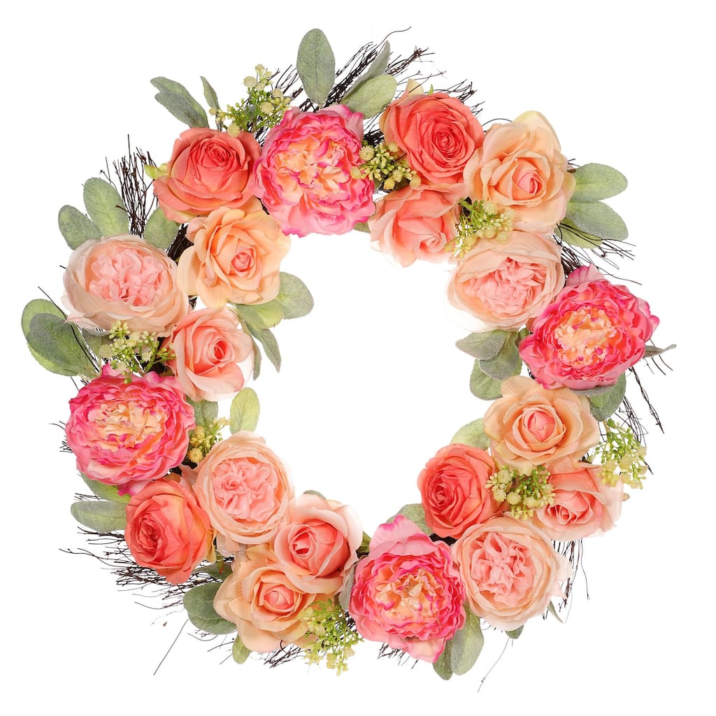Peony and Rose Floral Artificial Spring Wreath, 24-Inch, Unlit