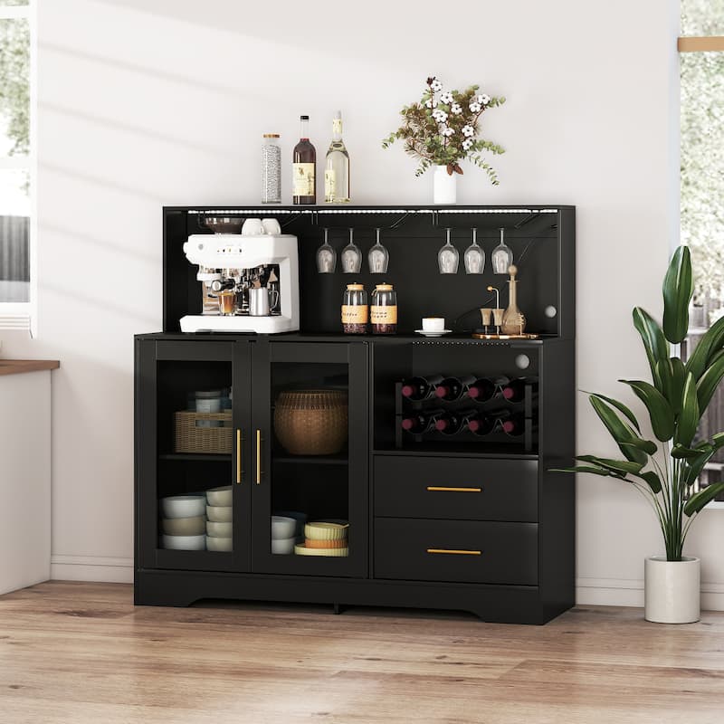 EROMMY Farmhouse Coffee Bar Cabinet with LED Lights, Sliding Barn Door, Wine Racks and Glass Holder, Home Liquor Cabinet