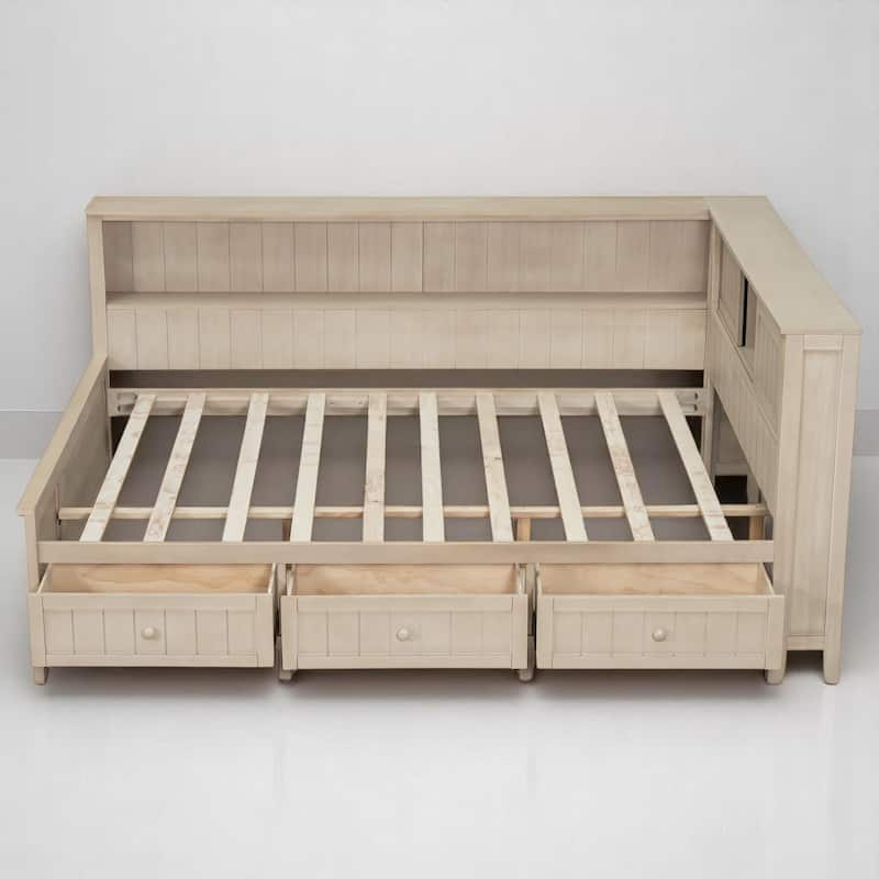 Full/Twin Daybed with Storage Shelves and 3 Drawers, Antique White Milk Farmhouse Platform Bed Frame, No Box Spring Needed
