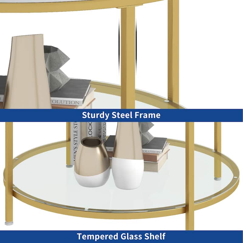Moasis 31.5" Round Coffee Table, Marbling Goldtone 2-Tier Center Table with Storage Open Shelves