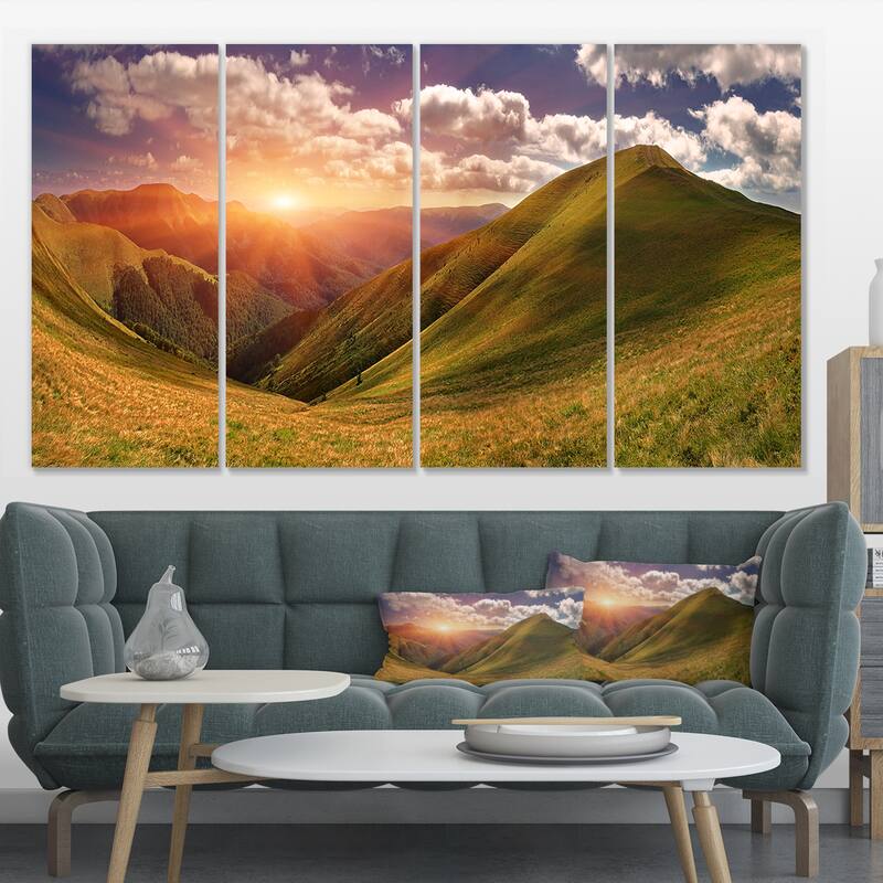 Sunrise Over Green Mountains - Landscape Photo Canvas Art Print - 48 in. wide x 28 in. high - 4 Panels