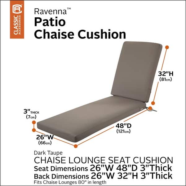 dimension image slide 2 of 6, Classic Accessories Ravenna Water-Resistant Patio Chaise Cushion, 80 x 26 x 3 Inch