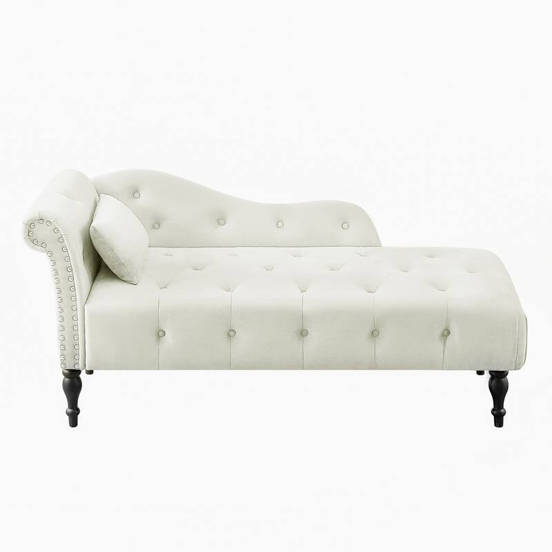 Modern 60.6" Velvet Upholstered Buttons Tufted Chaise Lounge Chair with Solid Wood Legs and Nailheads