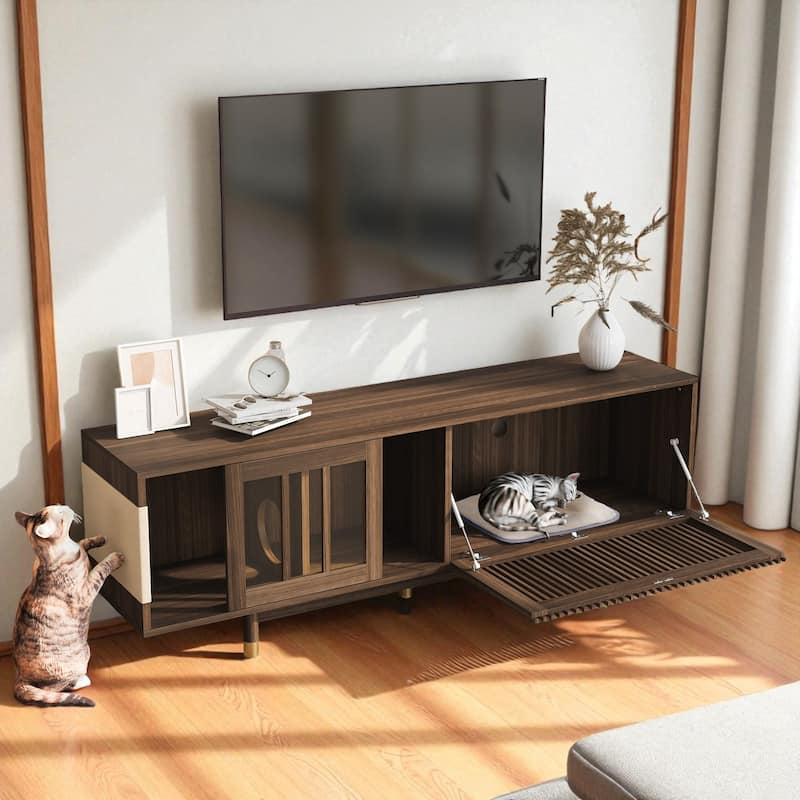 74 Inch Mid-Century Walnut TV Stand with Sliding Glass Door and Cat Scratcher Board, Pet Friendly Storage Cabinet - Walnut