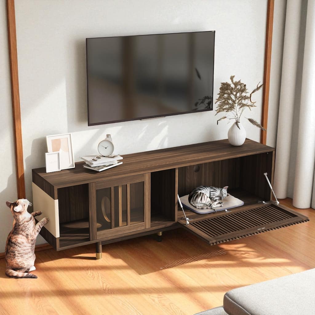 74 Inch Mid-Century Walnut TV Stand with Sliding Glass Door and Cat Scratcher Board, Pet Friendly Storage Cabinet