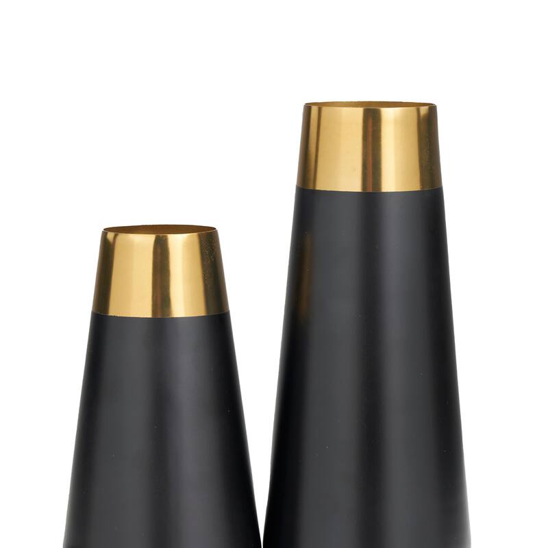 Stainless Steel Metal Vase with Gold Rims - Set of 2 Black - Roche River Decor - 5"W x 5"L x 11"H