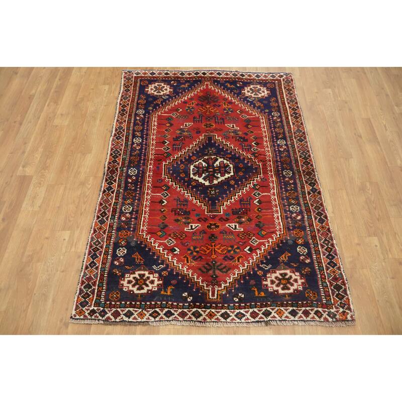 Hand Knotted Oriental 100% Wool Carpet Traditional Tribal Red Shiraz Area Rug - 5' 0'' X 3' 5''