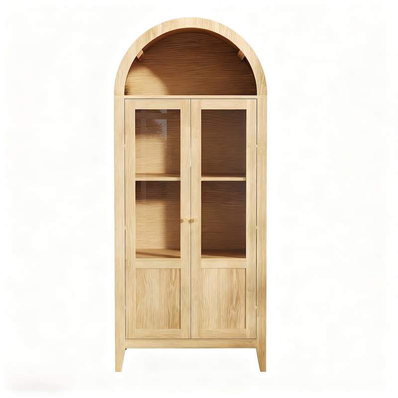 HomeRoots 30" Natural Arched Accent Cabinet With Two Glass Panel Doors