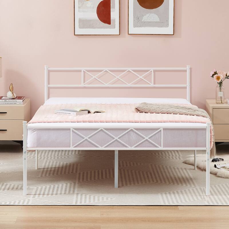 Javlergo Modern Metal Platform Bed Frame with Headboard, No Box Spring Needed, Easy Assembly - White - Full