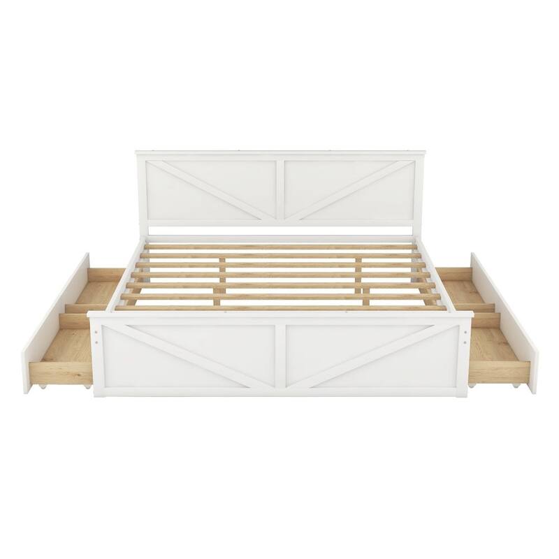 King Size Wooden Platform Bed with Four Storage Drawers and Support Legs