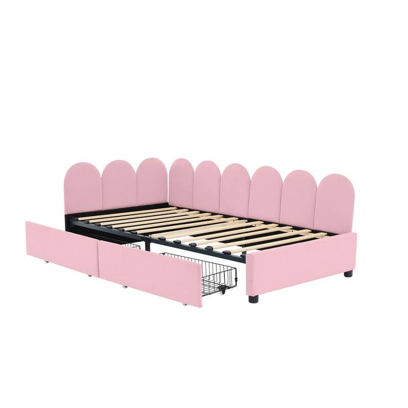 Velvet Upholstered Daybed with 2 Drawers and Soft Fabric Headboard for Bedroom