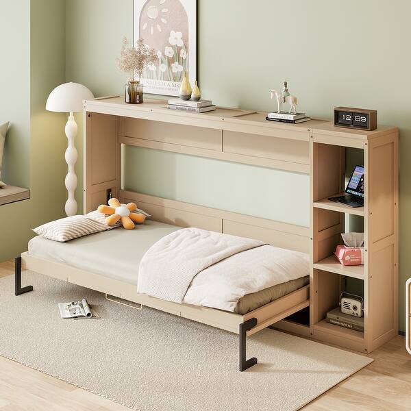 Twin Size Wooden Murphy Bed with Bookshelf