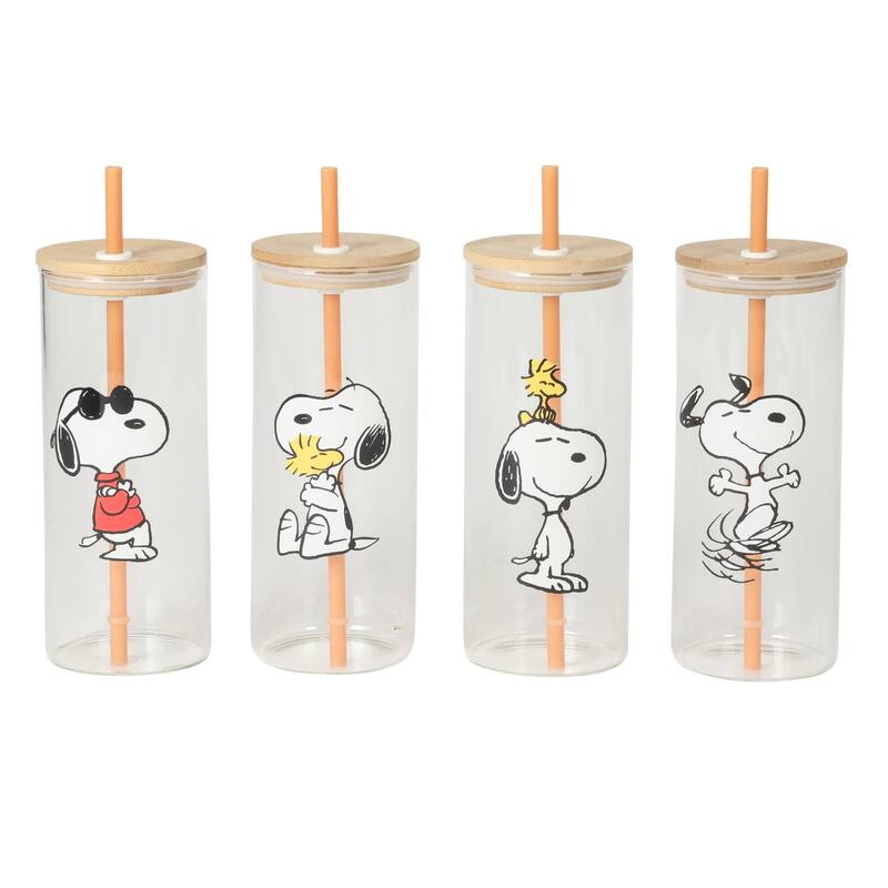Peanuts Snoopy Happy Sips 4 Piece 23 OZ Tumbler Set with 4 Bamboo Lids and 4 Straws Set, Iced Coffe, Smoothie, Water Cup
