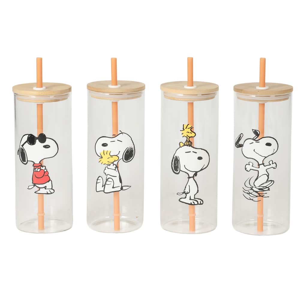 Peanuts Snoopy Happy Sips 4 Piece 23 OZ Tumbler Set with 4 Bamboo Lids and 4 Straws Set, Iced Coffe, Smoothie, Water Cup
