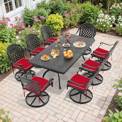 9-Piece Aluminum Rectangular Outdoor Patio Dining Set, 8 Cushioned Swivel Chairs, Table, All-Weather Frames