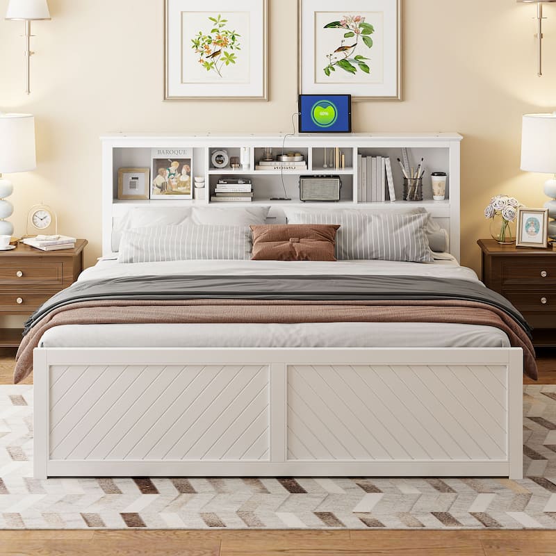 King Size Wood Platform Bed with Multi-Storage Headboard USB Charging and Drawers