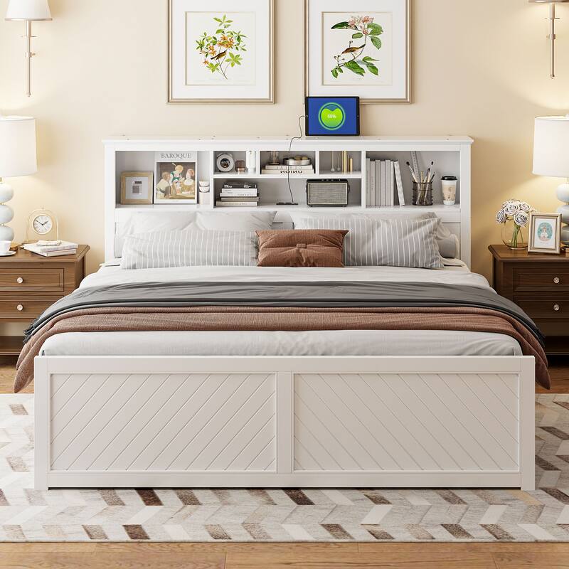 King Wood Platform Bed with Headboard Storage, USB Charging Station, and 2 Drawers - No Box Spring Required