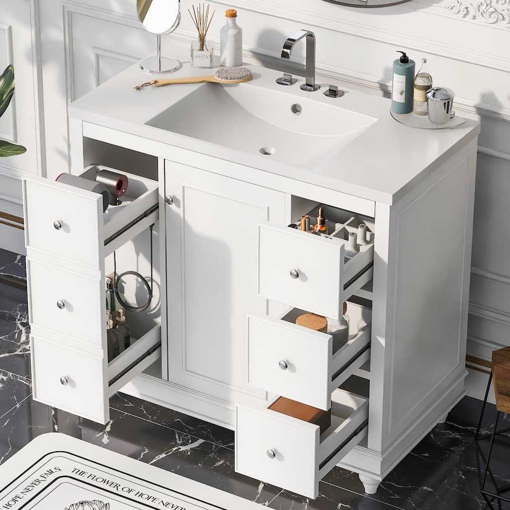 36" Modern White Bathroom Vanity with Resin Sink, 4 Drawers, Soft-Close Hinges, Adjustable Shelves - 18in L Solid Wood+MDF+Resin