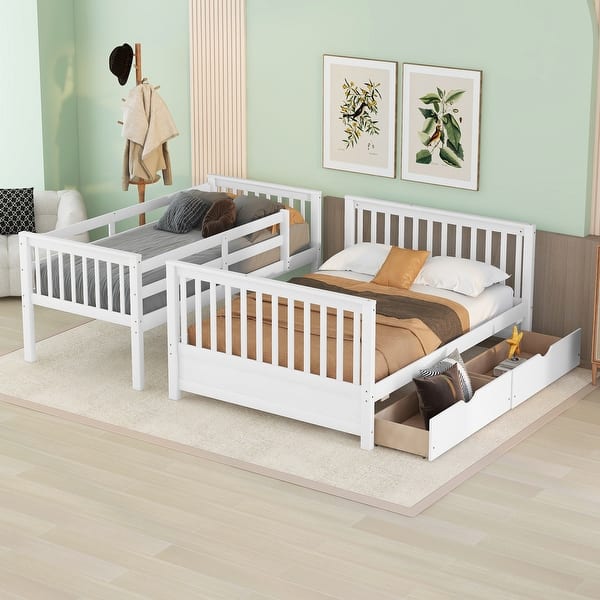 slide 2 of 18, Twin Over Full Bunk Bed with Guardrails, Drawers & Headboard White - Full