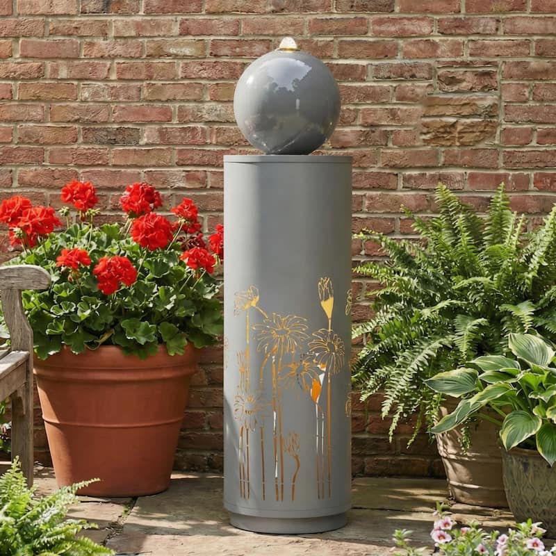Christopher Knight Home - Modern 34.25"H Metal Sphere-Top Outdoor Water Fountain with LED Lights & Cutout Design