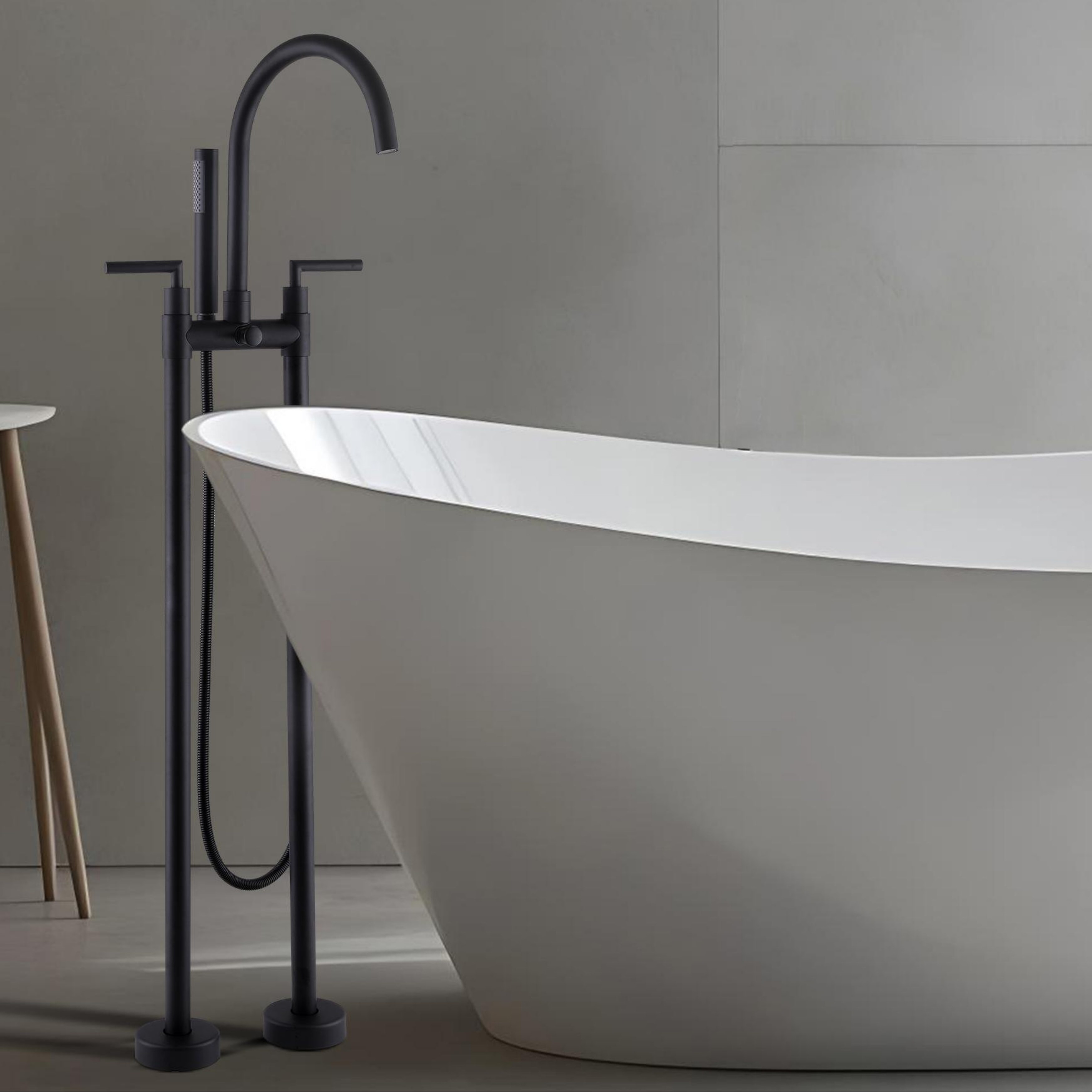 2-Handle 2-Hole Freestanding Tub Faucet with Hand Shower in Black/Gold
