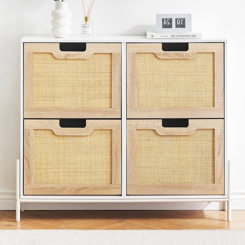 Natural Rattan 4 Flip Door Shoe Storage Cabinet - White