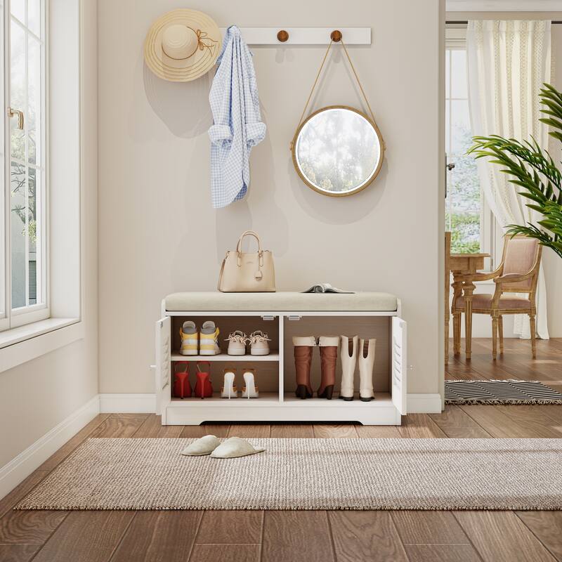 28.74" Shoe Storage Bench with 2 Door Cabinet, Entryway Bench Indoor Bench with Padded Seat and Adjustable Shelves
