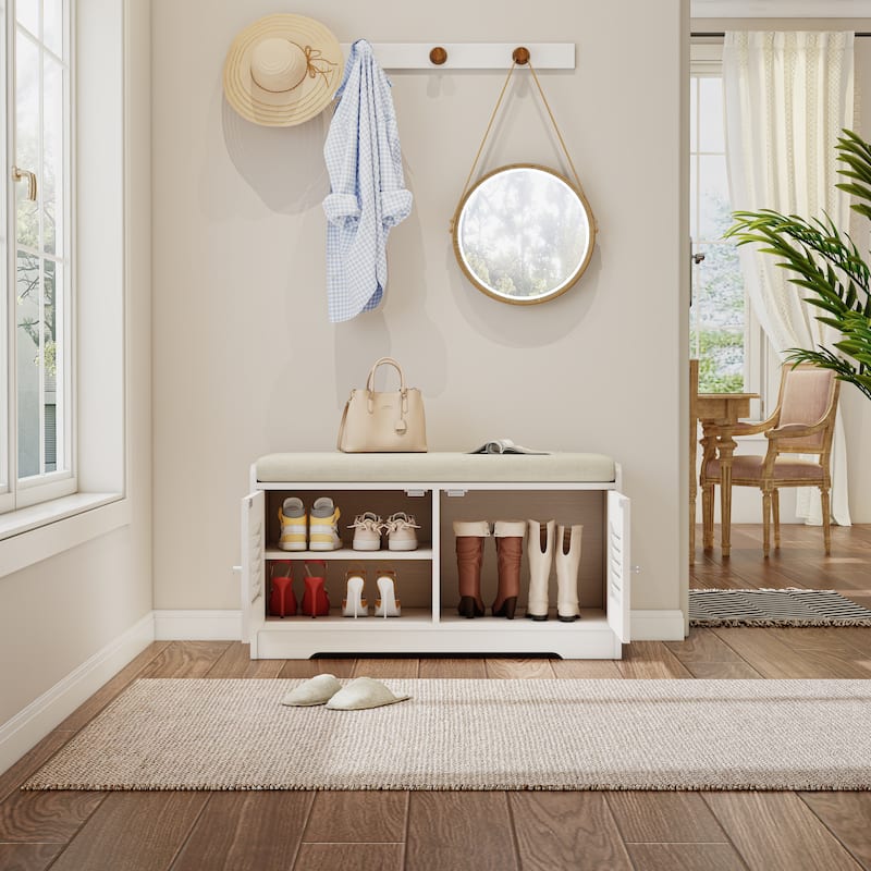 28.74" Shoe Storage Bench with 2 Door Cabinet, Entryway Bench with White Shoe Storage, Shoe Bench with Cushion