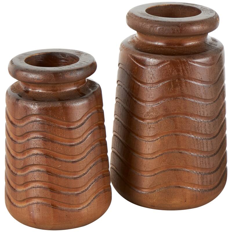 Brown Wood Decorative Vase with Carved Wavy Designs (Set of 2)