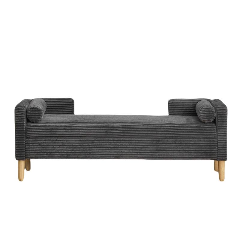 Corduroy Storage Bench with Bolster Pillows, 350LB, Natural Wood Legs