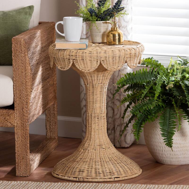 Natala Rattan End Table - Handwoven Wicker Tulip Accent Table, Scalloped Edge Side Table for Living Room