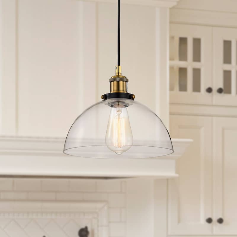 Black and Antique Brass 1-Light 10 Inch Bowl Glass Pendant Light for Kitchen and Island