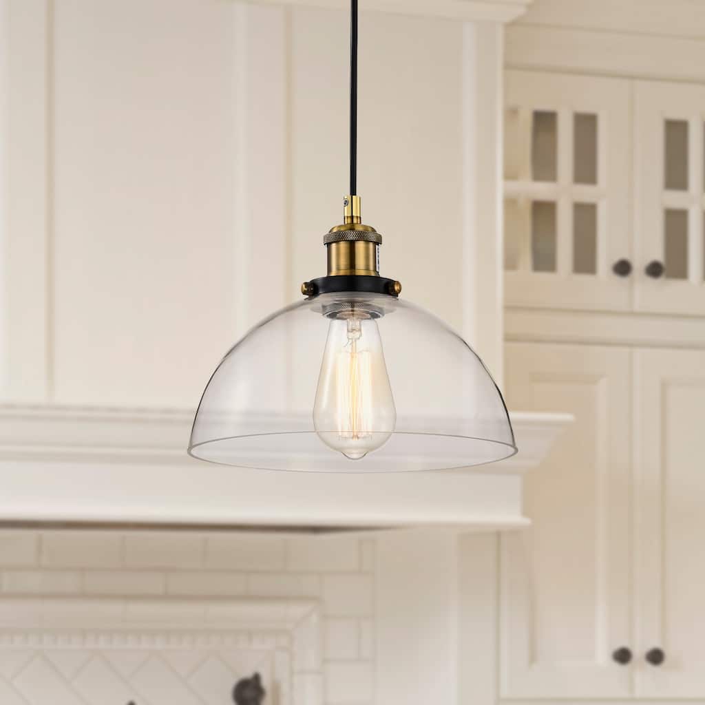 Black and Antique Brass 1-Light 10 Inch Bowl Glass Pendant Light for Kitchen and Island