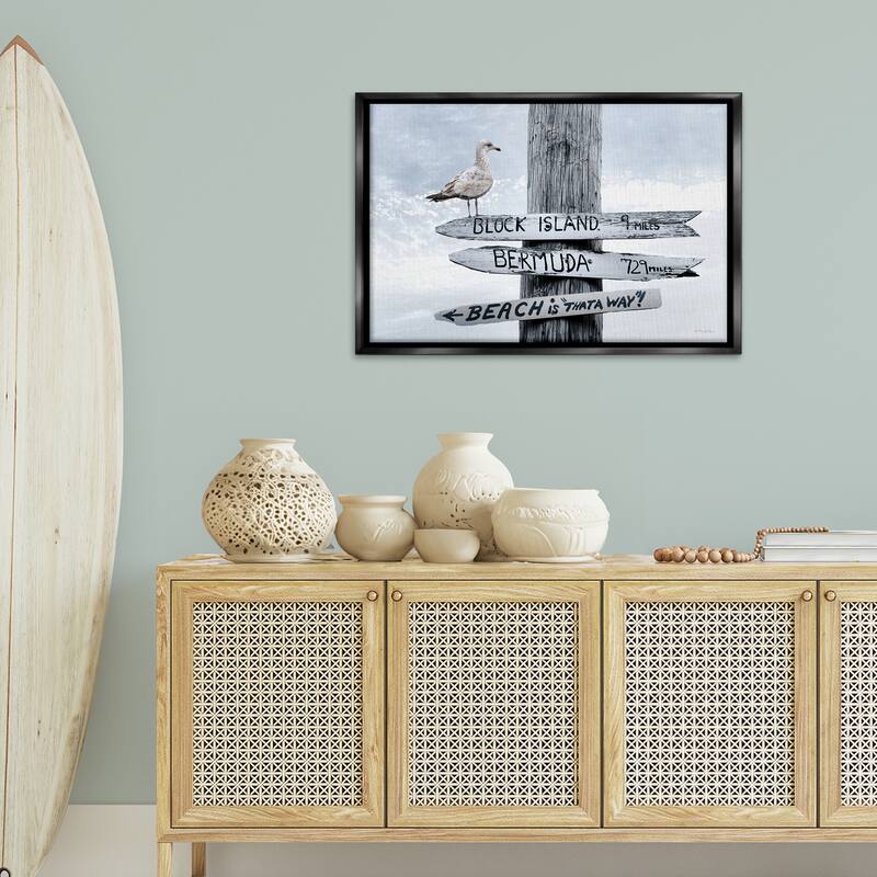 Stupell Vacation Beach Signs with Seagull Framed Floater Canvas Wall Art Design By Robin-Lee Viera