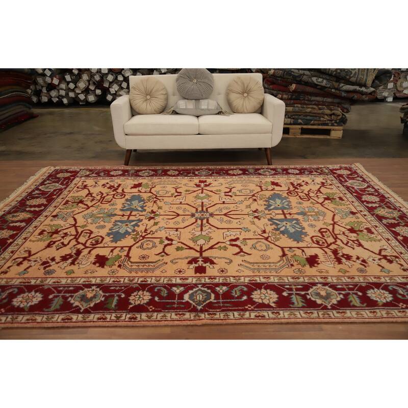 Hand Knotted Oriental 100% Wool Carpet Transitional All-Over Peach Oushak Area Rug - 9' 11'' X 7' 9''
