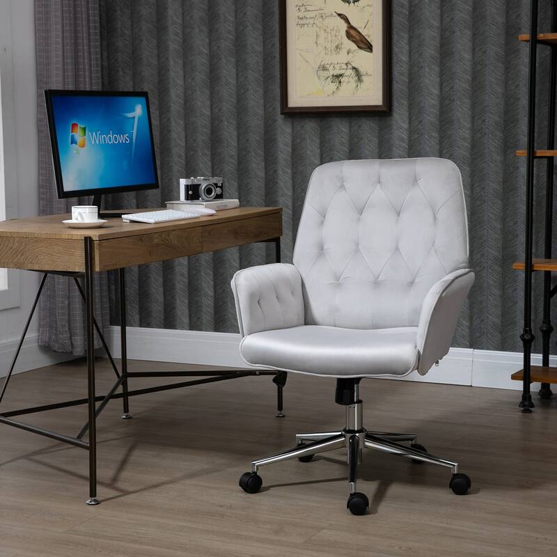 Vinsetto Modern Mid-Back Tufted Velvet Home Office Desk Chair with Arms, Swivel Adjustable Accent Chair with Soft Seat - Light Grey