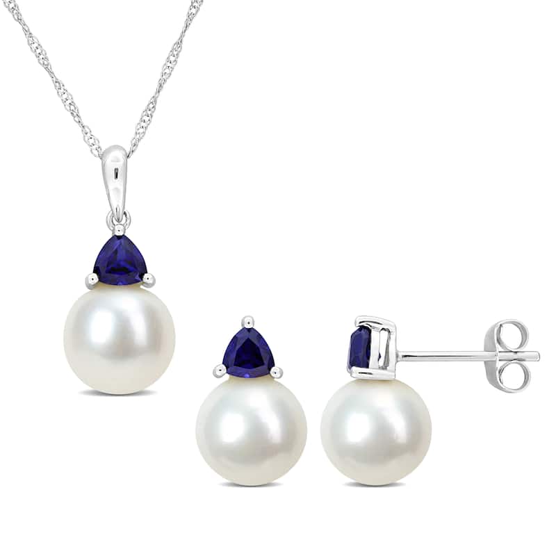 Miadora Cultured Freshwater Pearl 1 1/5ct TGW Created Blue Sapphire Jewelry Set 10k White Gold