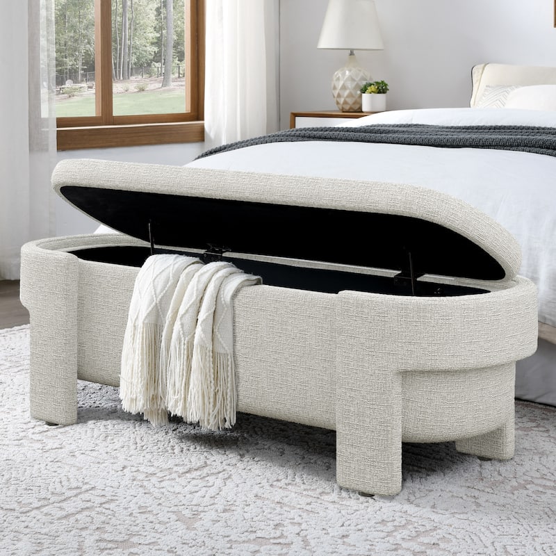 Linen Fabric Upholstered Bench with Large Storage Space for the Living Room, Entryway and Bedroom,Beige stripe - Beige Stripe
