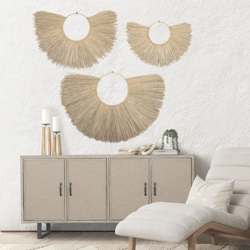 Bayu Light Brown Seagrass Fan-Shaped Hanging Wall Decor (Set of 3)