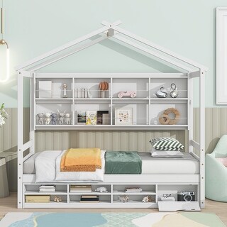 Wooden Twin House Bed with Bedside Built-in Storage Shelves for Home