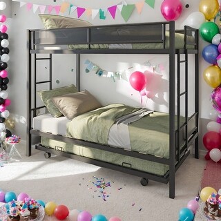 Metal Twin over Twin Bunk Bed with Trundle,Wood Slat,2 Side Ladders,Kids Bed Design