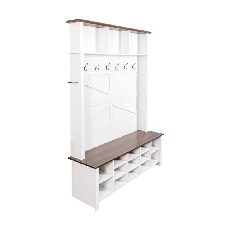 Farmhouse 4-in-1 Hall Tree with 6 Hooks, Walnut Entryway Bench with Adjustable Shelves & 16 Open Compartments