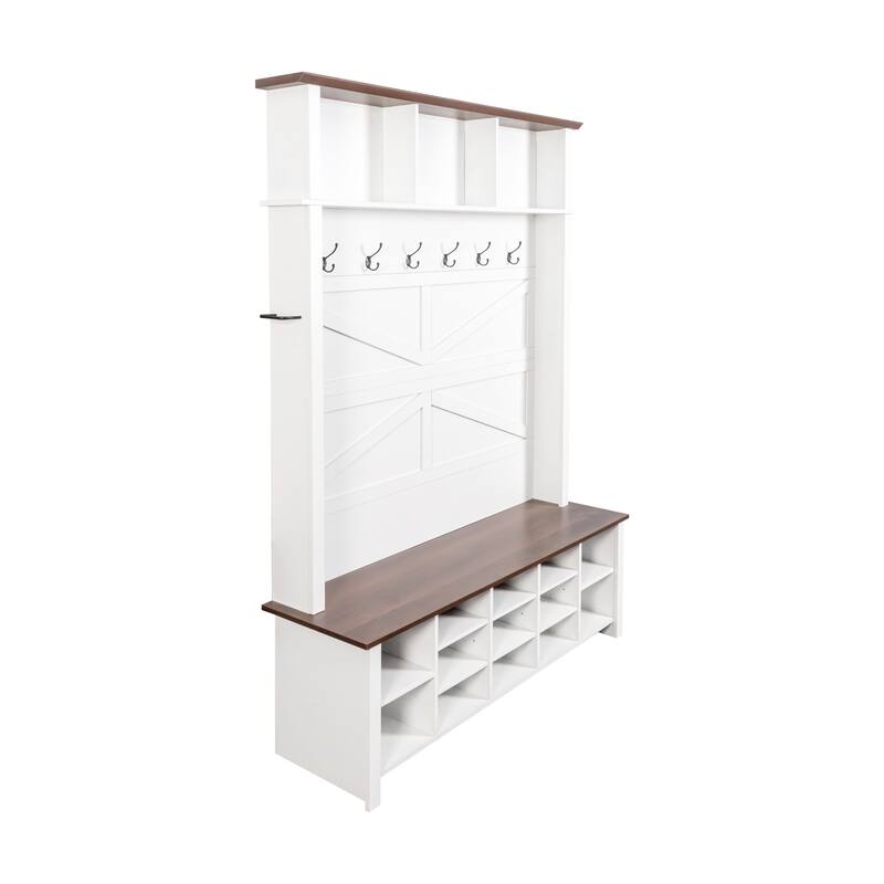 Rustic Hall Tree with 6 Hooks, Practical Entryway Bench with Adjustable Shelves, Wood Shoe Cabinet w/ 16 Open Compartments