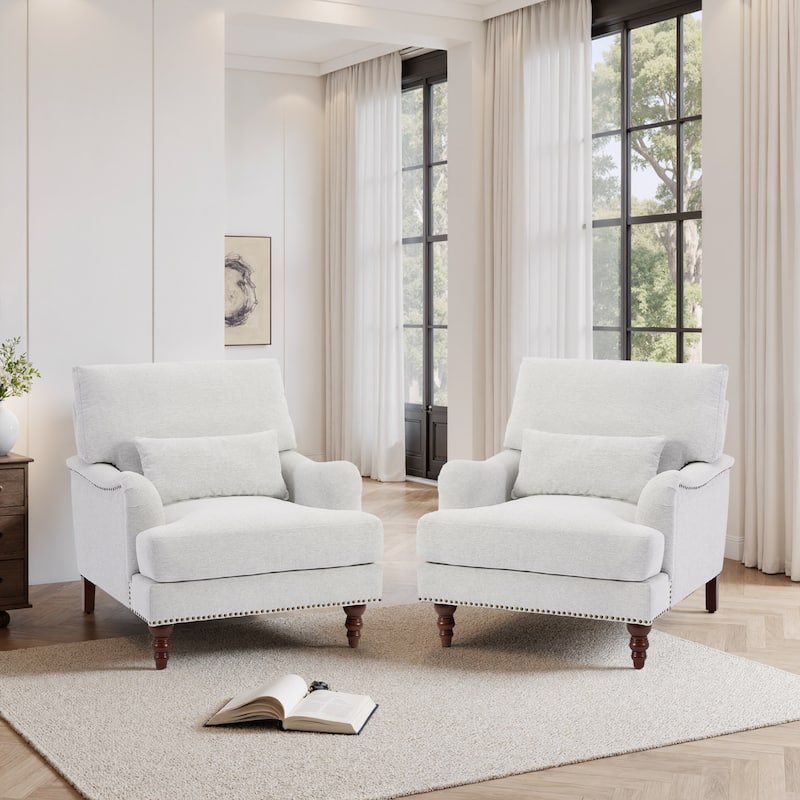 Set of 2 Mid Century Chenille Upholstered Accent Chairs - Beige